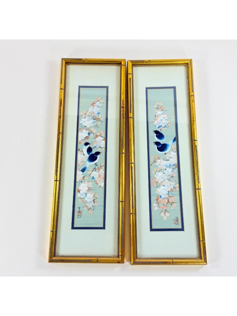 Vintage Asian Blue Bird Silk Paintings Pair Framed Chinoiserie Wall Art 22x8